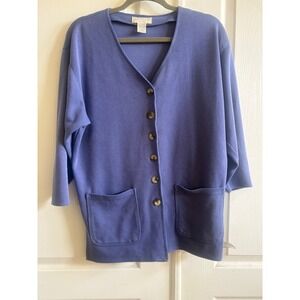 Vintage Express Tricot Cardigan Sweater Blue Ribbed Knit Button Front Pockets XS